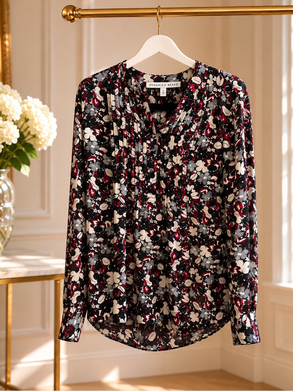 Veronica Beard Floral Split-Neck Blouse in Black, White & Burgundy